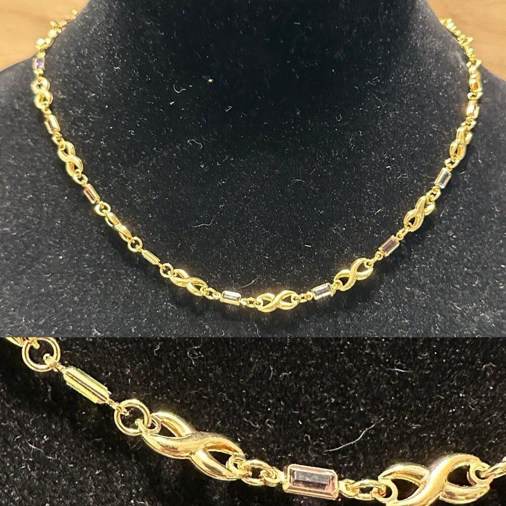 Infinity gold tone Necklace Rhinestone 17-19” Pink Purple Green Elegant Avon?